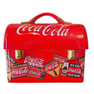 Coca Cola Brand Gibson Lunch Box Cookie Jar Whimsy Lift Lid Handle Bright LOGO